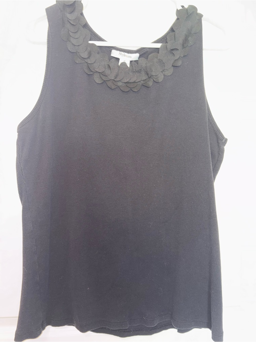Style & Co. Black Sleeveless Knit Tank with Petal Neck Trim